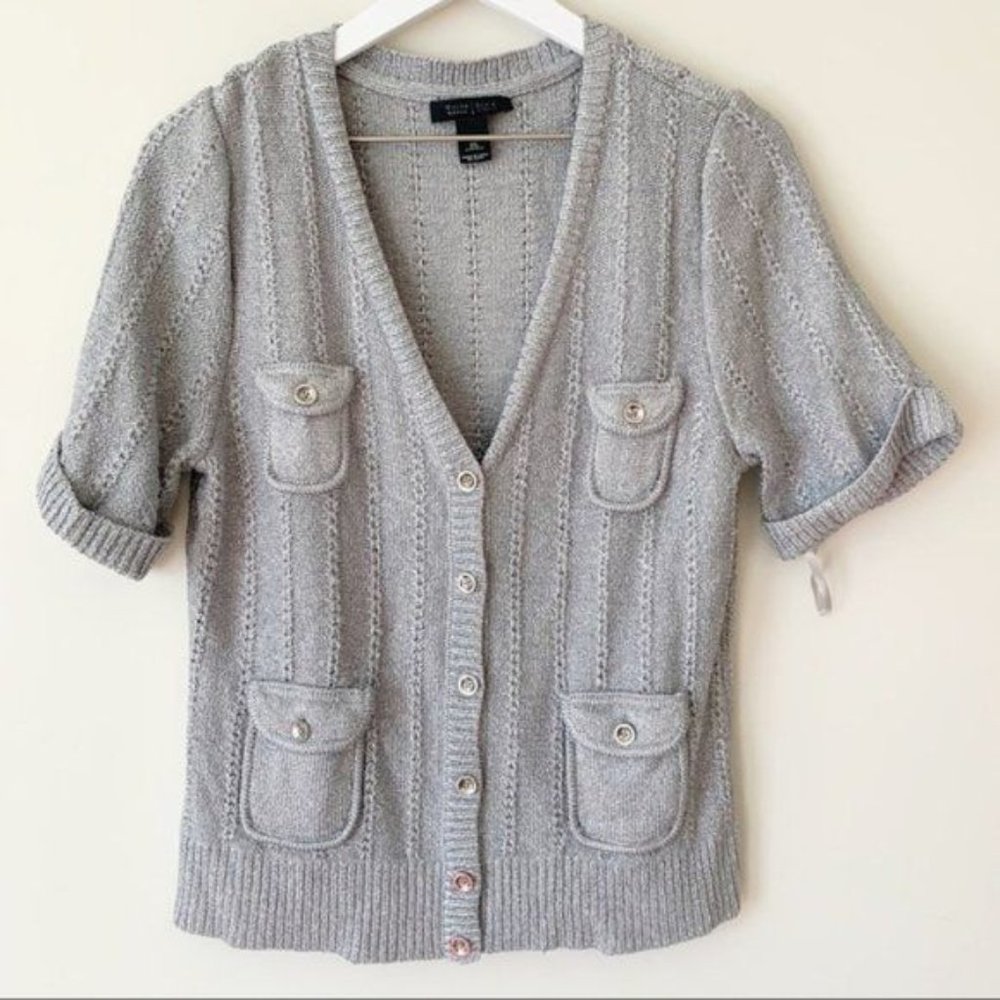 WHBM XL Cardigan Silver Chunky Short Sleeve Gray